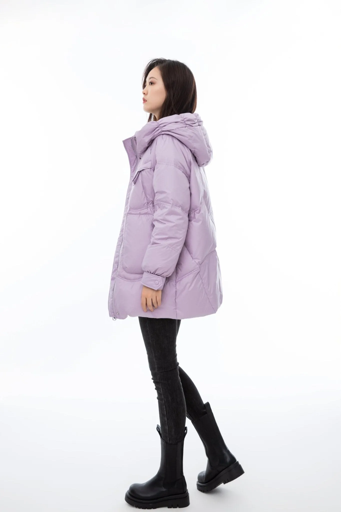 Lavender Hooded Long Goose Down Jacket